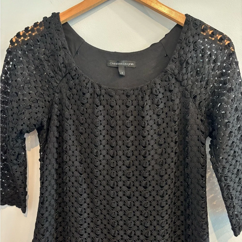 Chris McLaughlin Black Solid Lace 3/4 Sleeve Midi Dress Size 6